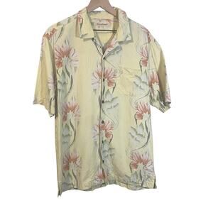 Tommy Bahama Light Yellow Floral Print Hawaiian Silk Shirt Short Sleeve Sz M